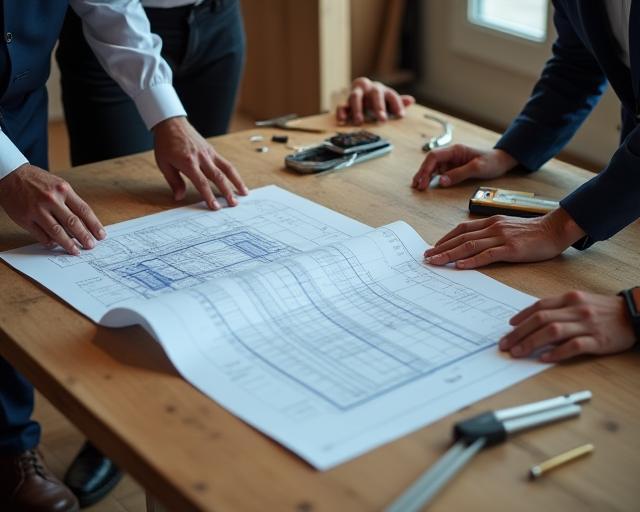 Sterling Buildworks team with construction plans and tools